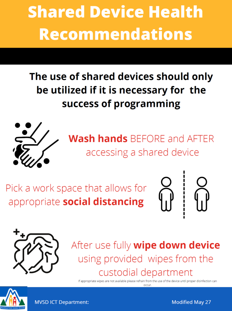 Shared Device Health Recommendations, the use of shared devices should only be utilized if it is necessary for the success of programming, wash hands before and after accessing a shared device, pick a work space that allows for appropriate social distancing, after use fully wipe down device
