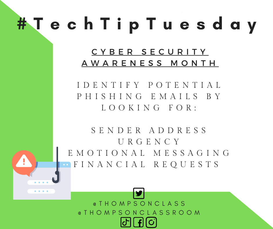tech tip tuesday, cyber security awareness month, identify potential phiscing emails by looking for sender address, urgency, emotional messaging, and financial requests