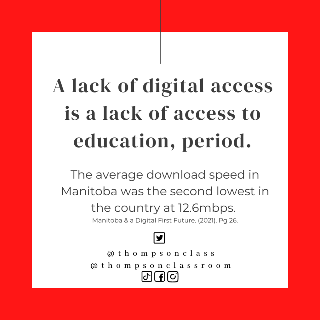 a lack of digital access is a lack of access to education, period. The average download speed in Manitoba was the second lowest in the country at 12.6mbps