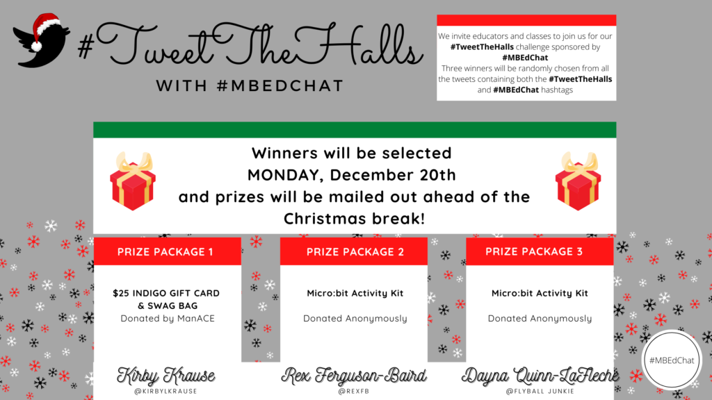 #TweetTheHalls #MBEdChat Winners, winners will be selected Monday, Decemeber 20th and prizes will be mailed out ahead of the Christmas break. Kirby Krause, Rex Ferguson-Baord, Dayna Quinn-LaFleche