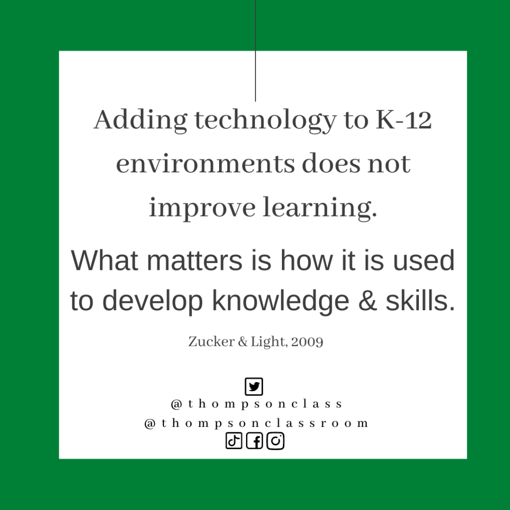 Adding technology to K-12 environments does note improve learning. What matters is how it is used to develop knowledge and skills.