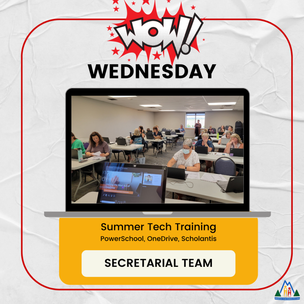Graphic, WOW Wednesday, picture of our secretarial team participating in tech training in August