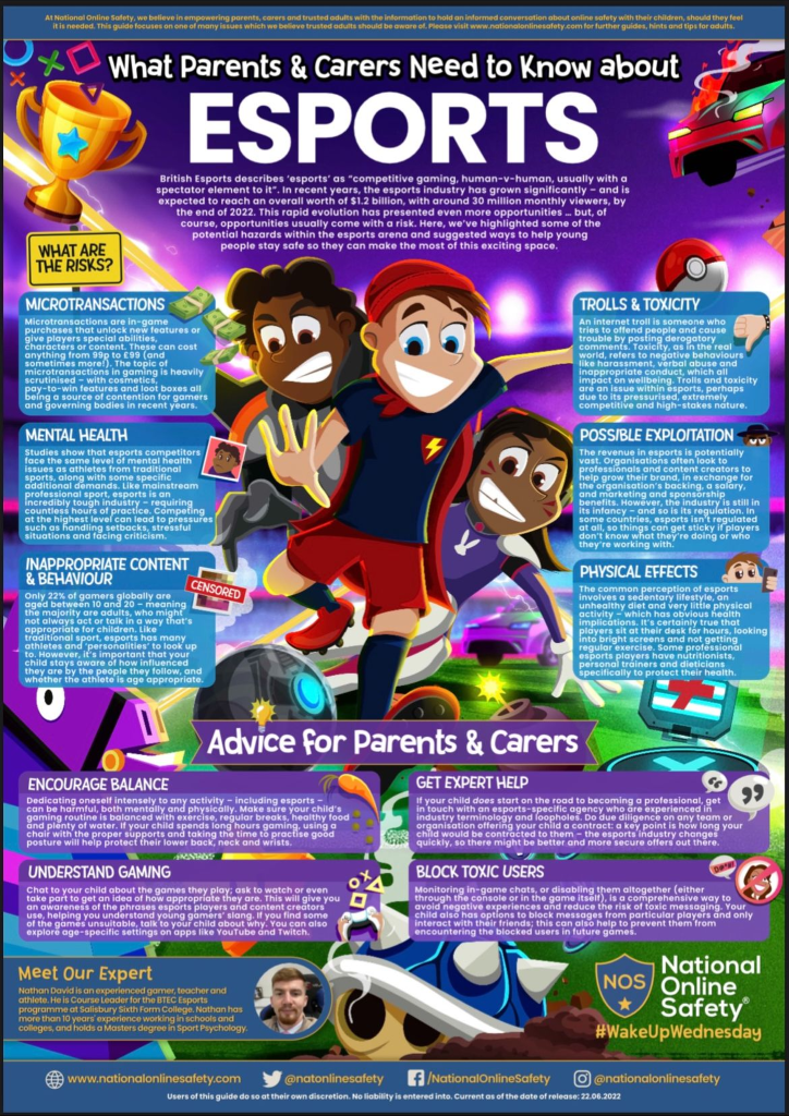 What parents and carers need to know about esports - infographic. (2022). Uploaded by Nathan David to National Online Safety. Available online at: www.nationalonlinesafety.com
